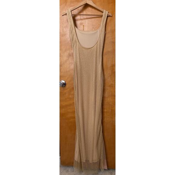 ALMOND MUSE ISABELLA Rhinestone Mesh Square Neck Maxi Dress Gold Ball Gown Sz S - Picture 7 of 11